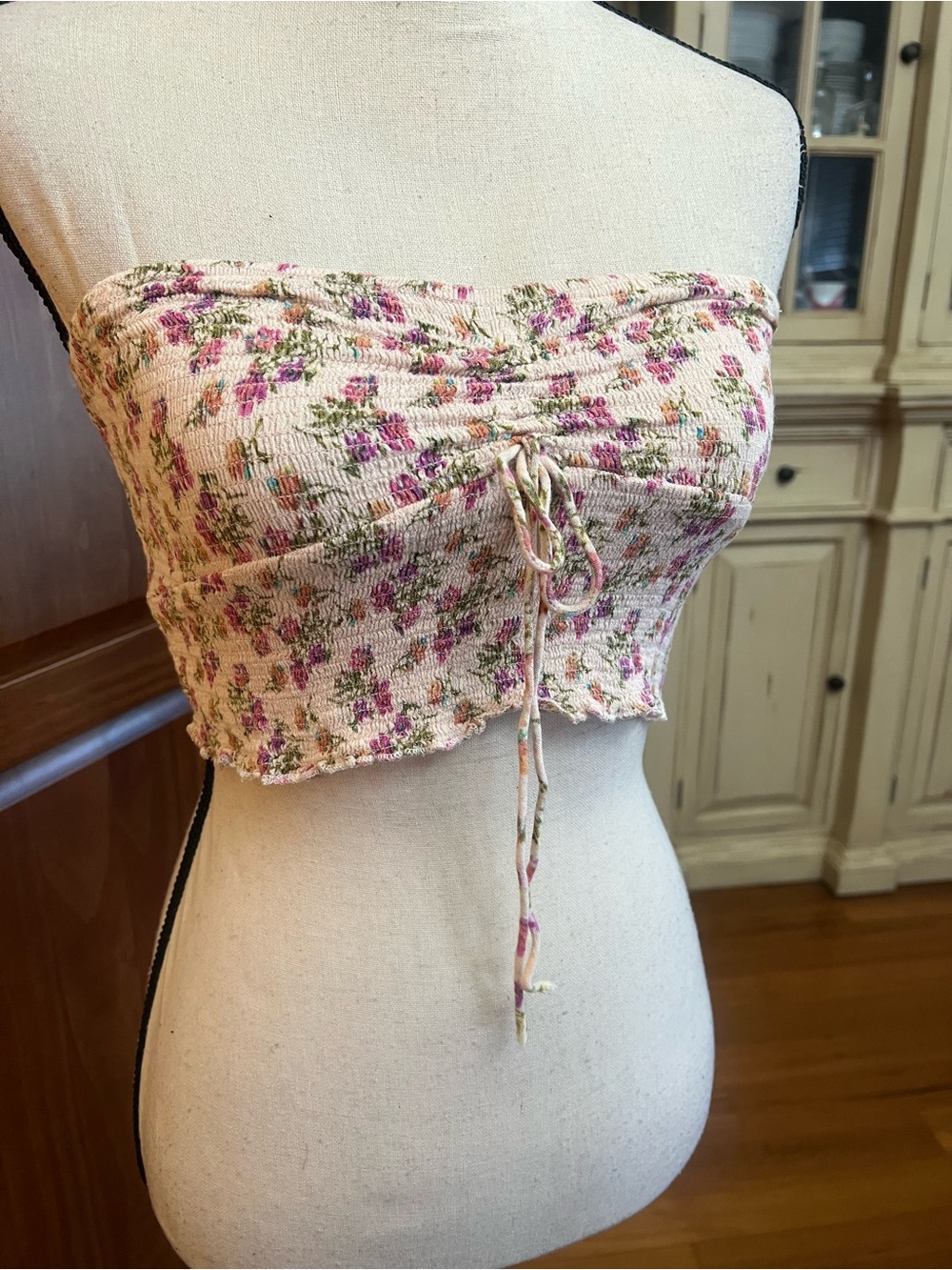 Free People Floral Smocked Strapless Crop Top in Pink and Cream